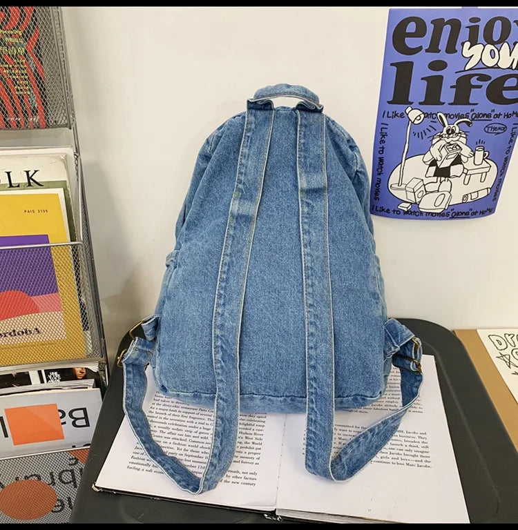 Mochila Jeans Para Mulheres Viagem Faculdade Bolsa Casual Versátil Moda Vintage
