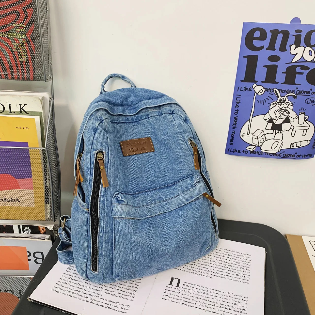 Mochila Jeans Para Mulheres Viagem Faculdade Bolsa Casual Versátil Moda Vintage