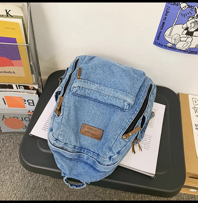 Mochila Jeans Para Mulheres Viagem Faculdade Bolsa Casual Versátil Moda Vintage