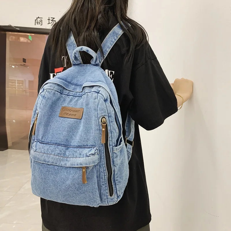Mochila Jeans Para Mulheres Viagem Faculdade Bolsa Casual Versátil Moda Vintage