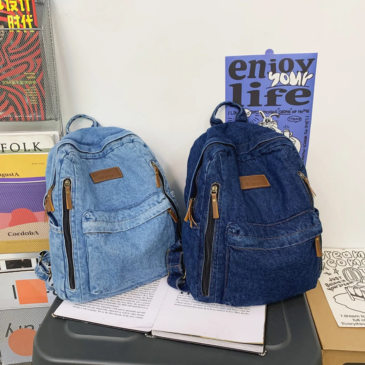 Mochila Jeans Para Mulheres Viagem Faculdade Bolsa Casual Versátil Moda Vintage