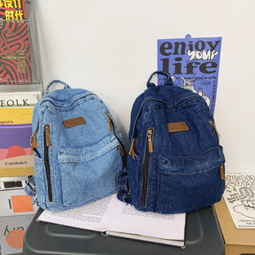 Mochila Jeans Para Mulheres Viagem Faculdade Bolsa Casual Versátil Moda Vintage