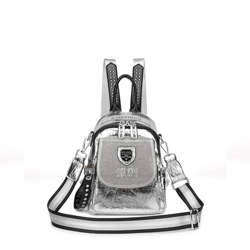 Mochila De Ombro Pequena Com Strass Bolsa Prateada Moda Brilho Com Alças Reguláveis