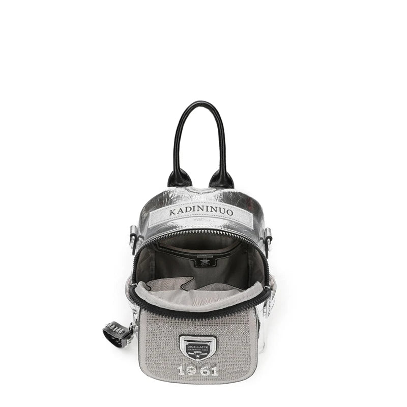 Mochila De Ombro Pequena Com Strass Bolsa Prateada Moda Brilho Com Alças Reguláveis