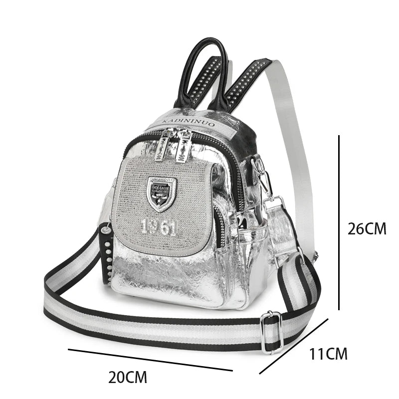 Mochila De Ombro Pequena Com Strass Bolsa Prateada Moda Brilho Com Alças Reguláveis