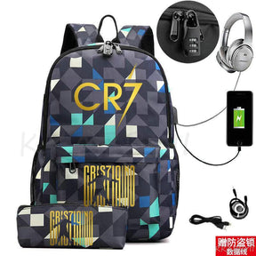 Kit Escolar CR7: Mochila com Entrada de Fone de Ouvido e USB + Estojo