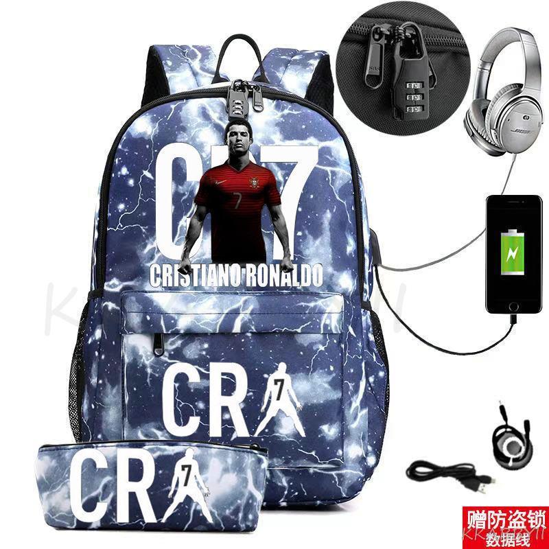 Kit Escolar CR7: Mochila com Entrada de Fone de Ouvido e USB + Estojo