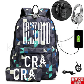 Kit Escolar CR7: Mochila com Entrada de Fone de Ouvido e USB + Estojo