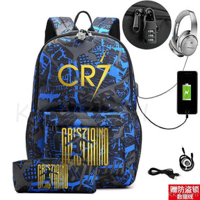 Kit Escolar CR7: Mochila com Entrada de Fone de Ouvido e USB + Estojo