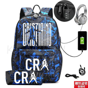 Kit Escolar CR7: Mochila com Entrada de Fone de Ouvido e USB + Estojo