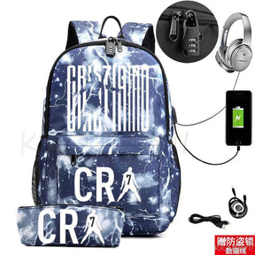 Kit Escolar CR7: Mochila com Entrada de Fone de Ouvido e USB + Estojo