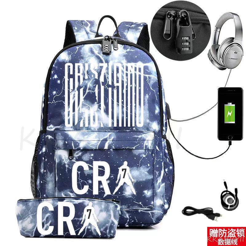 Kit Escolar CR7: Mochila com Entrada de Fone de Ouvido e USB + Estojo