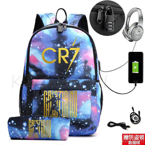 Kit Escolar CR7: Mochila com Entrada de Fone de Ouvido e USB + Estojo