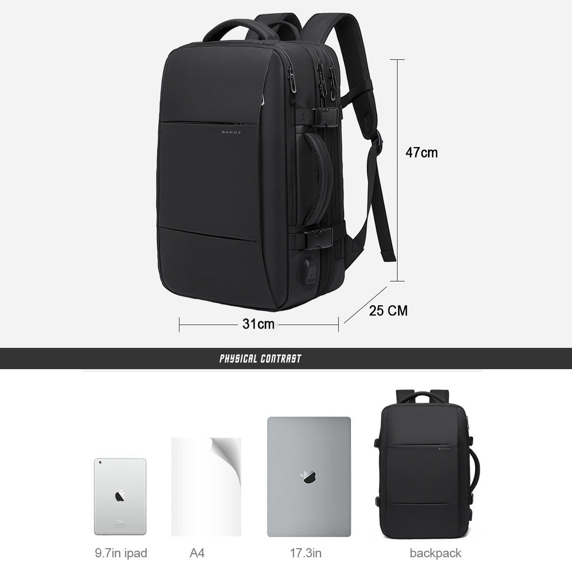 Mochila Masculina de Negócios + Capa Protetora de Chuva - Entrada USB - 37 Litros - à Prova d'Água - City Bag