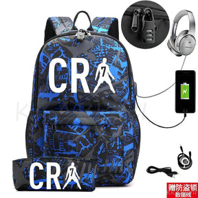 Kit Escolar CR7: Mochila com Entrada de Fone de Ouvido e USB + Estojo