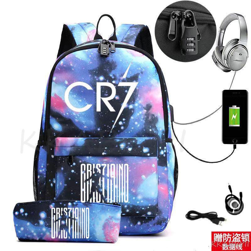 Kit Escolar CR7: Mochila com Entrada de Fone de Ouvido e USB + Estojo
