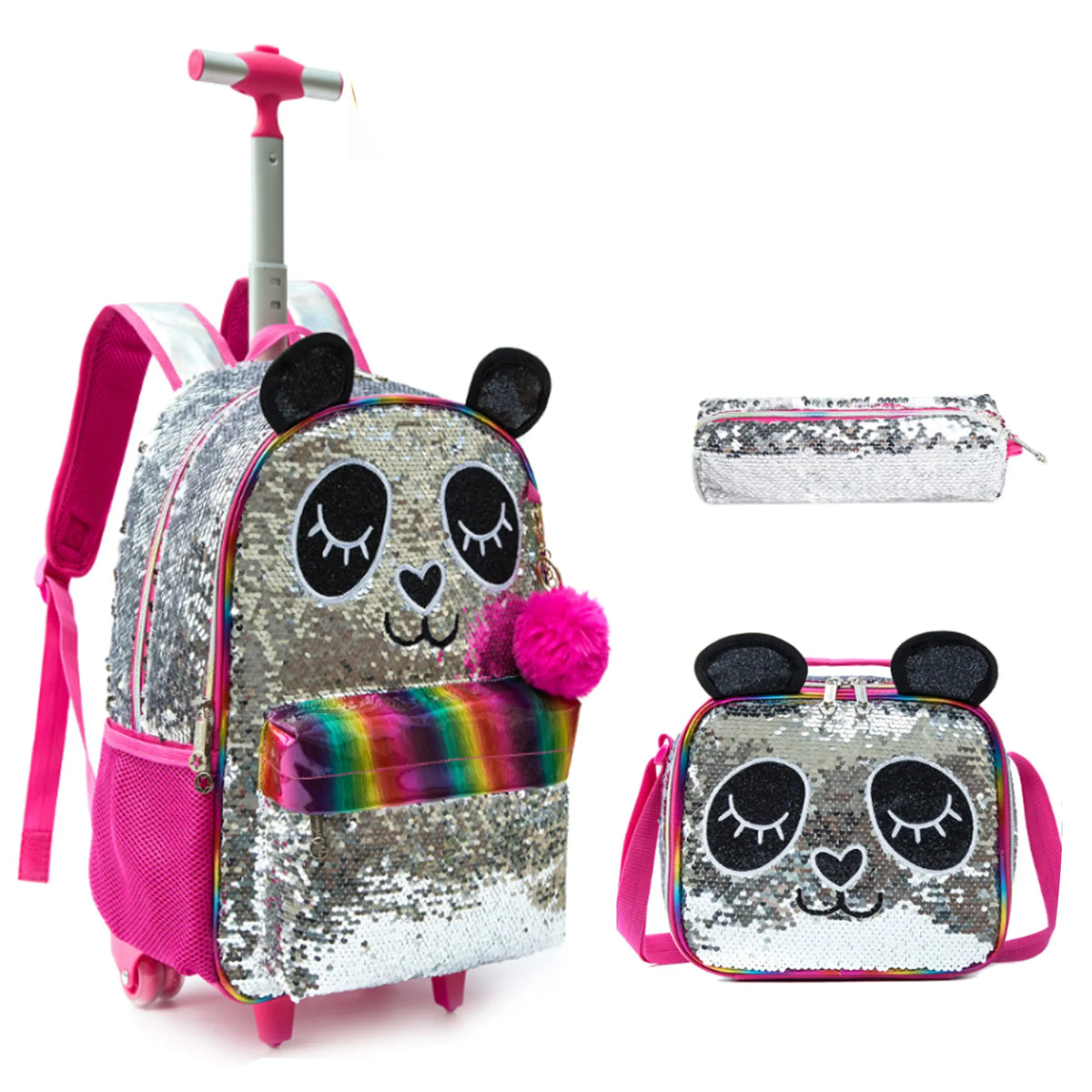 Kit Escolar com Lantejoulas: Mochila de Rodinhas Duplas, Lancheira e Estojo