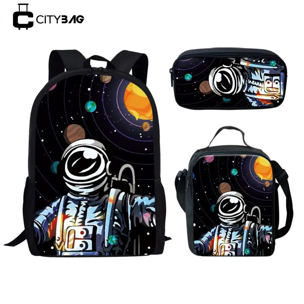 Kit Escolar com Estampa de Astronauta 3D: Mochila, Lancheira e Estojo
