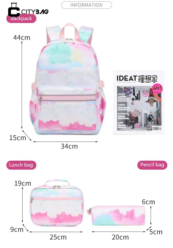 Mochila Escolar Feminina Infantil Com Lancheira E Estojo Kit 3 Peças